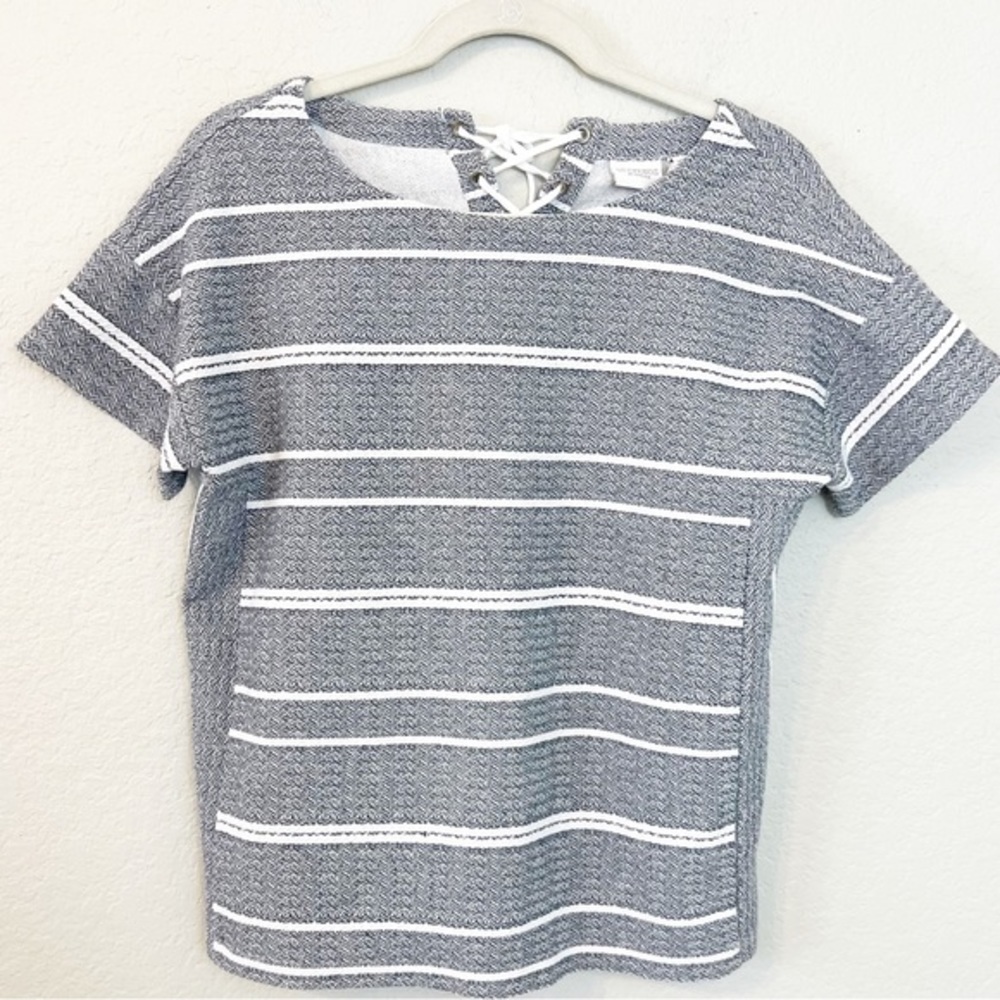 Chico's Weekend Terry Navy Stripe Short Sleeve Top